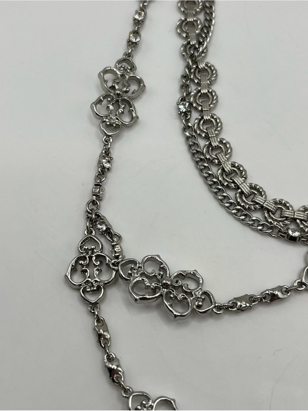 Express Y Drop Rhinestone Layered Statement Silver Tone 16”-20” - Picture 6 of 8